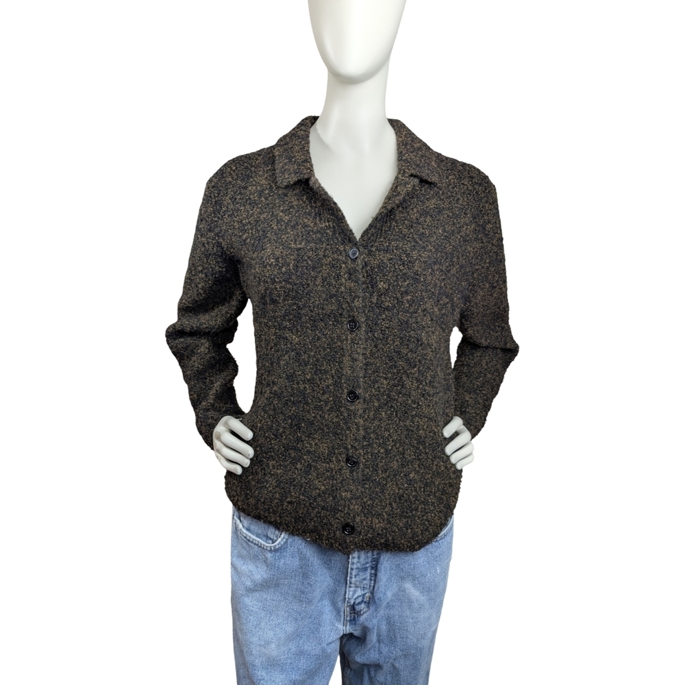 Deane & White Vintage Wool Blend Bouclé Button-Front Cardigan Black Brown Small